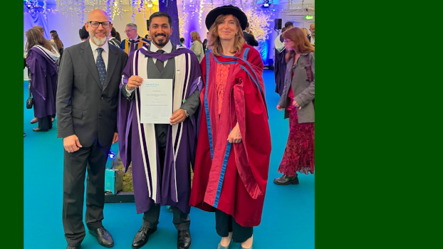 Hassan (centre) shown collecting his prize from Professor Christopher Gourlay (left), and Professor Sandrine Heutz (right) during his graduation.