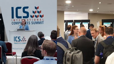 Laura Pickard (left) presenting at the International Composites Summit, and (right) networking Future Composites Manufacturing Research Hub Annual Open Day 2023